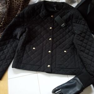 Jones New York Black Quilted Puffer with Gold Buttons
